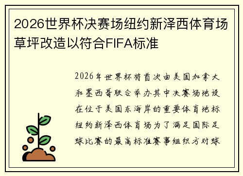 2026世界杯决赛场纽约新泽西体育场草坪改造以符合FIFA标准 2026世界杯决赛场纽约新泽西体育场草坪改造以符合FIFA标准