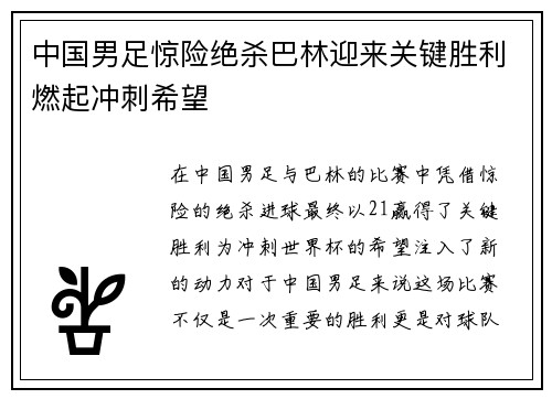 中国男足惊险绝杀巴林迎来关键胜利燃起冲刺希望 中国男足惊险绝杀巴林迎来关键胜利燃起冲刺希望